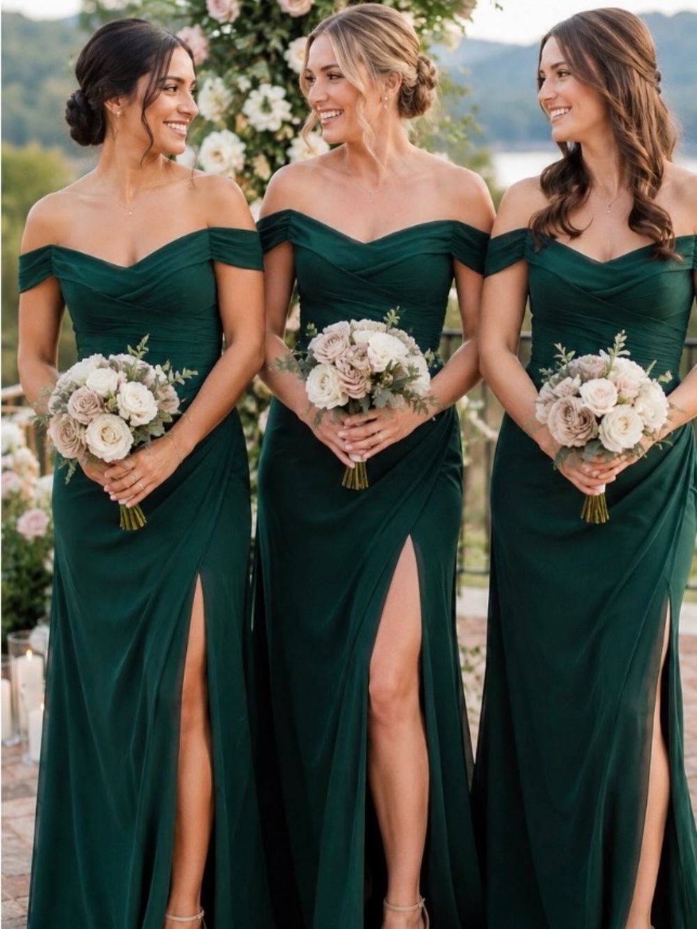Azazie Off-Shoulder Emerald Green Bridesmaid Gown with Side Slit
